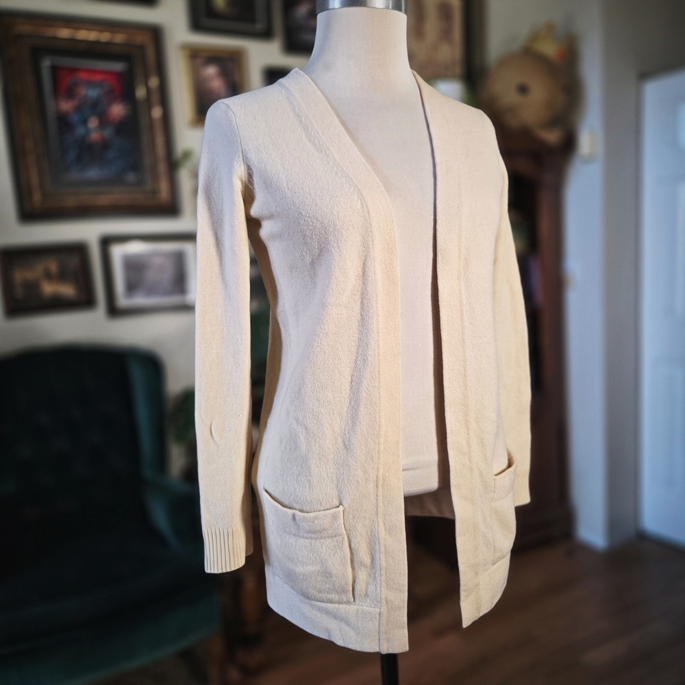 525 America Cashmere Cardigan Womens Beige Open Front Pocket Sweater Small